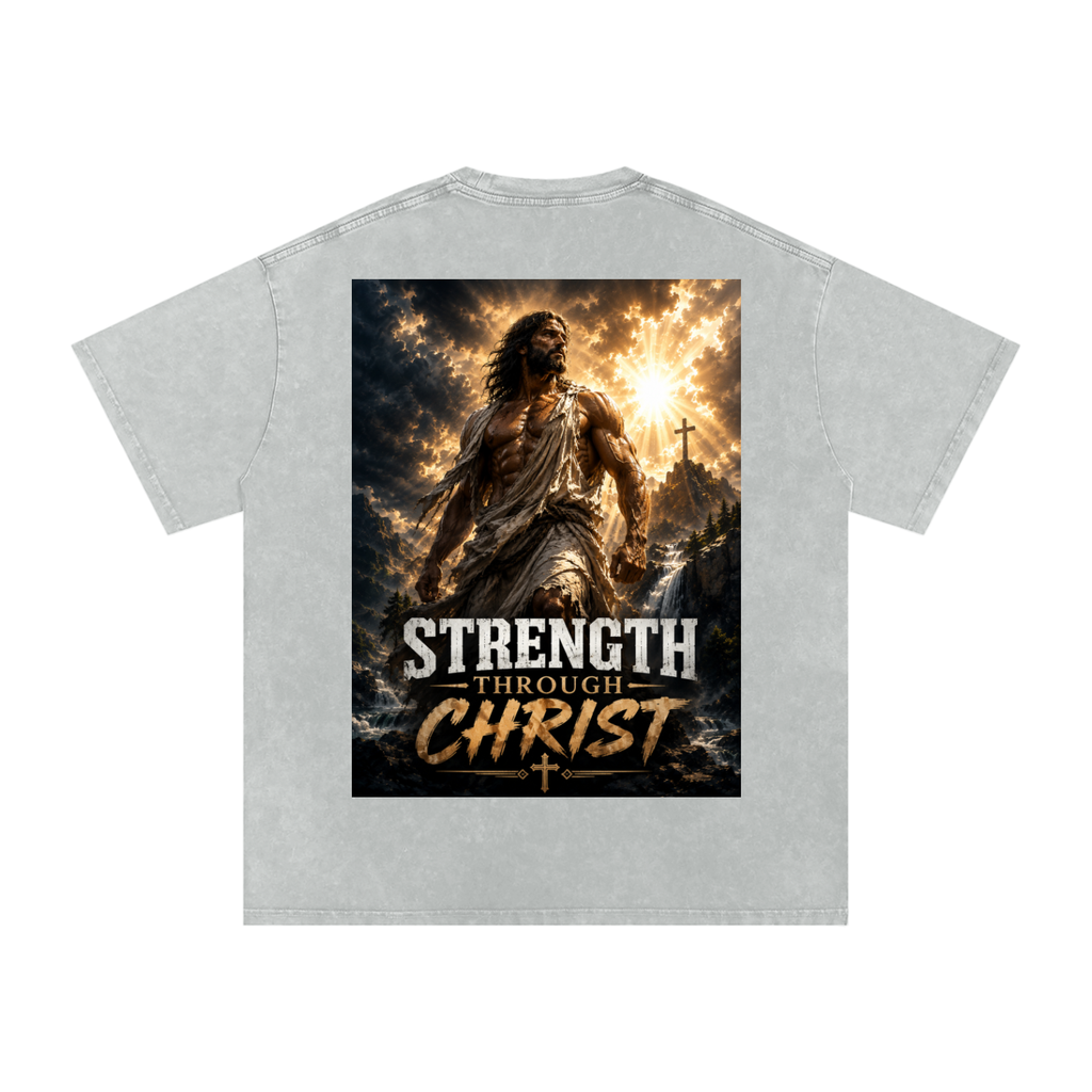 Snow Washed Oversized Cotton T-Shirt: Strength Through Christ